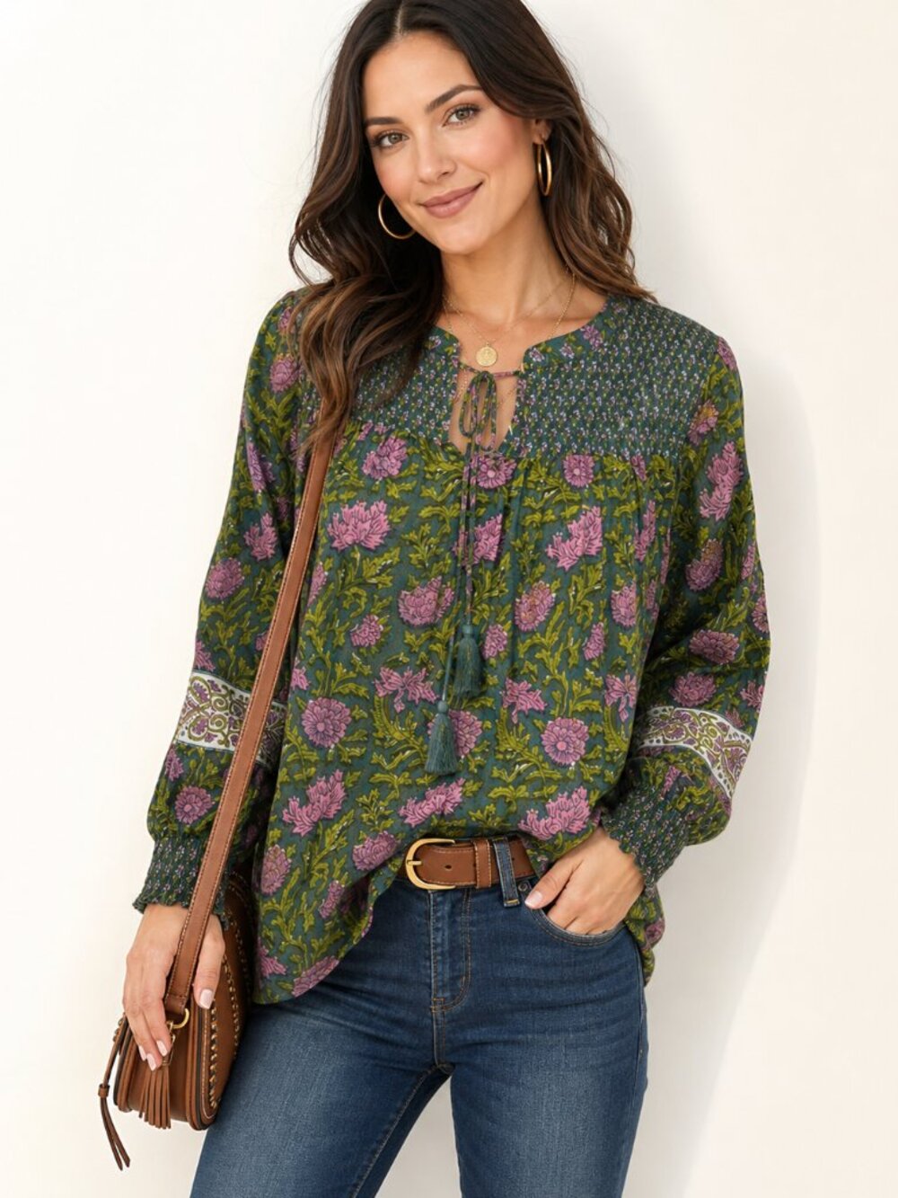 Rachel Zoe Floral Smocked Blouse XS Cotton Boho Bohemian pink purple floral